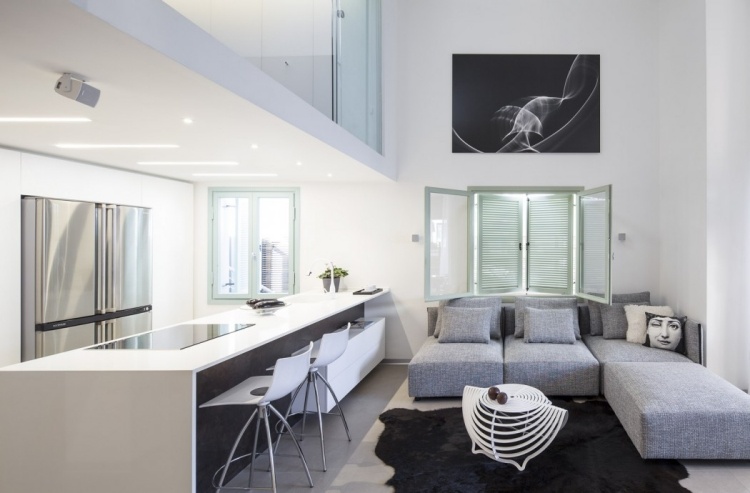 sala de estar-cinza-branco-cozinha-aberto-design-minimalista-apartamento-loft
