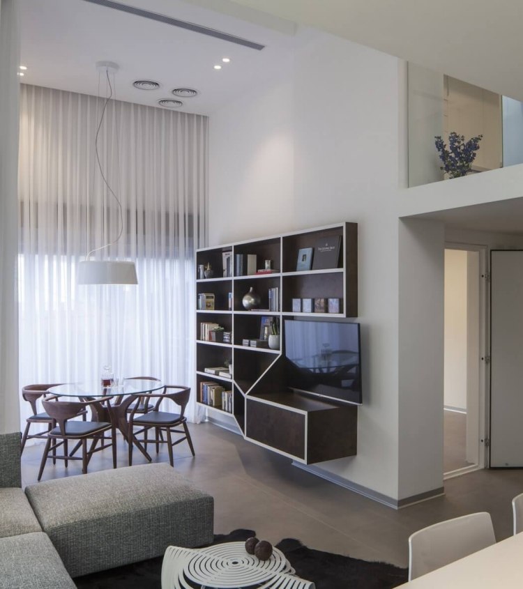 Quarto com banheiro -sala de estar-minimalista-parede-unidade-sala de jantar-sofá-loft-apartamento