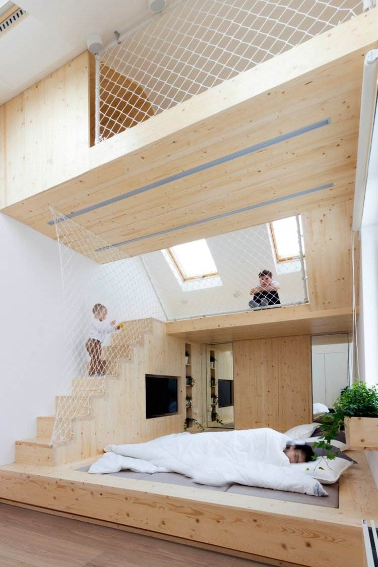 quarto com área de recreação área de dormir-pedestal-design de quarto de cama