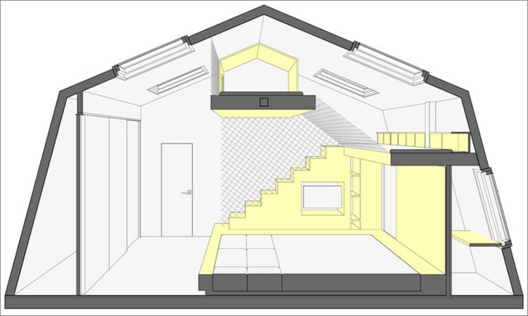 quarto-área de recreação-planta baixa-nível de projeto-design de interiores
