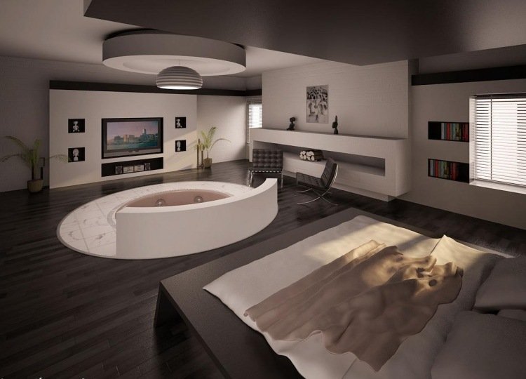 Quarto com banheira de hidromassagem -moderno-arranjo-design-tapete de pele-no meio-jacuzzi