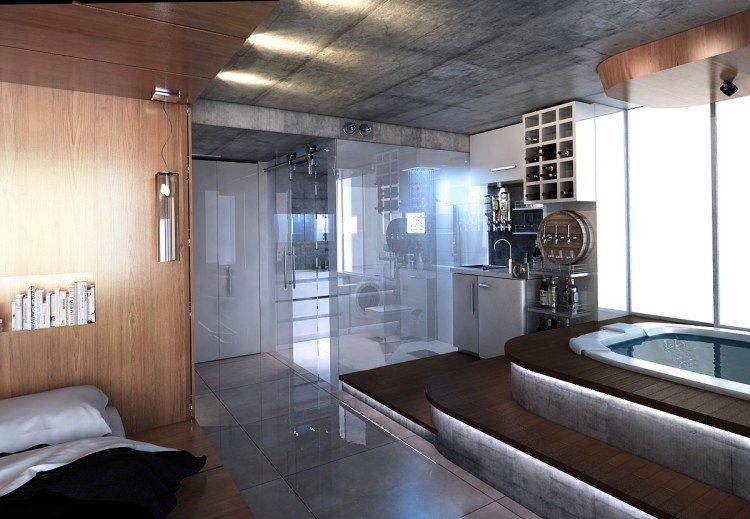Quarto com banheira de hidromassagem-cama de madeira-cinza-azulejos-iluminação indireta-banheira-chuveiro-parede de vidro