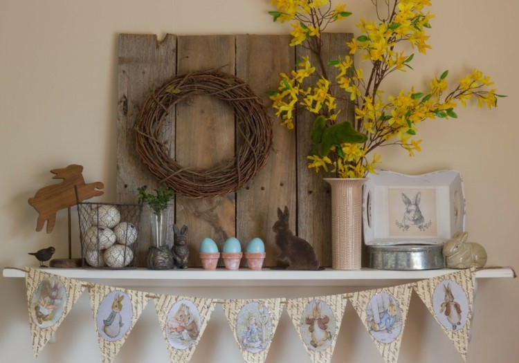 decoração para páscoa simples-rústica-madeira-ovos-de-páscoa-forsythia-prateleira