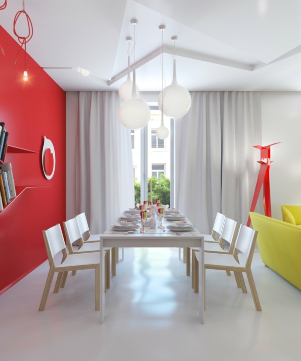 Sala de jantar - parede vermelha - cadeiras brancas