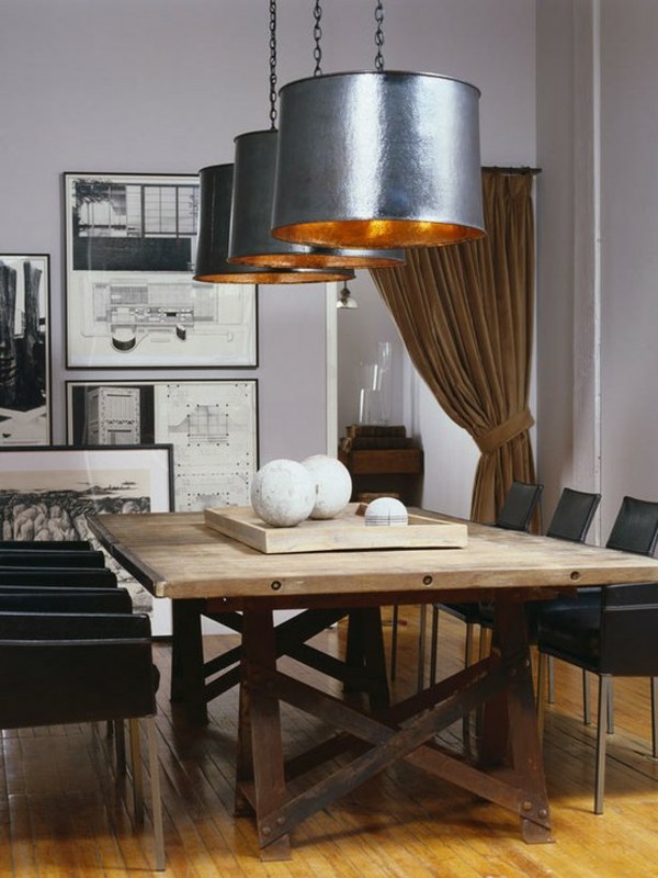 rústico-sala de jantar-design-mesa de madeira-lustre de metal