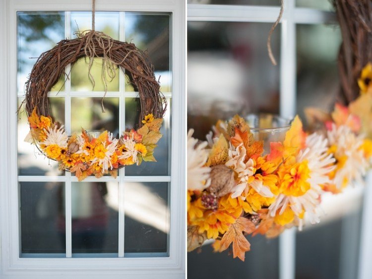 Decoração de janela no outono-faça-você-mesmo-consertar-faça-você-mesmo-folhas de outono-grinalda-galhos-tealight-beautiful-walnut-decoration