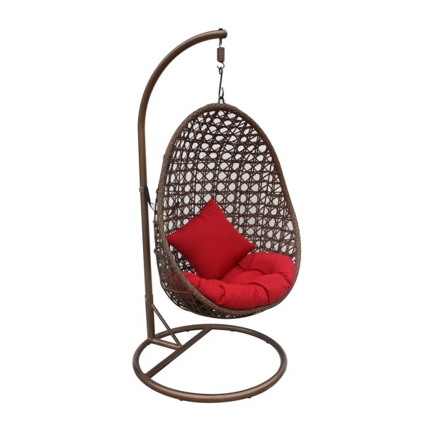Idéias de travesseiro vermelho de jardim de rattan marrom para cadeira suspensa