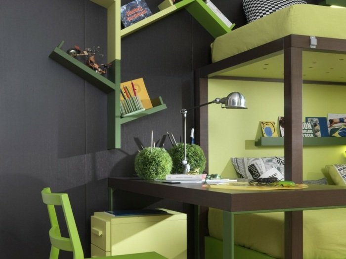 Mesa infantil cama loft verde prateleira de parede integrada