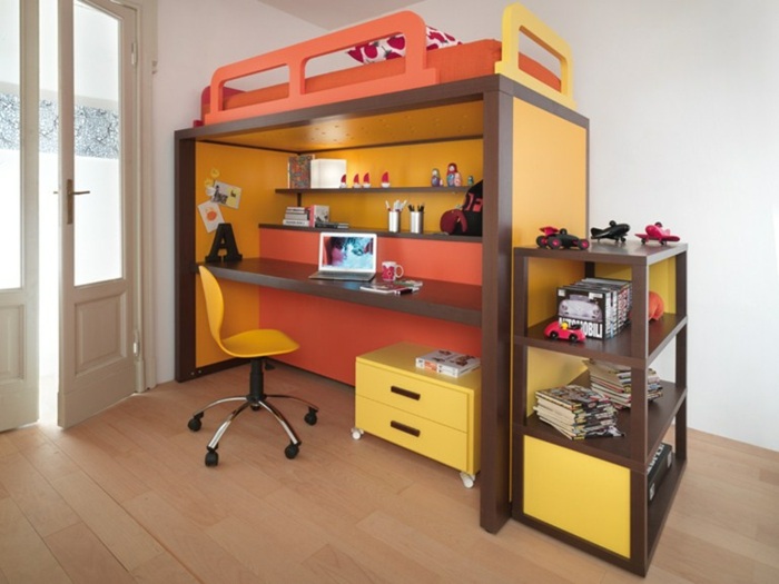 Mesa para crianças com cama alta, design moderno e amarelo alaranjado