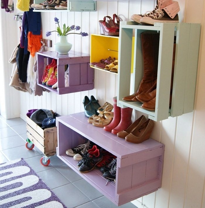 Prateleira de sapatos você mesmo constrói ideias de caixas de madeira coloridas