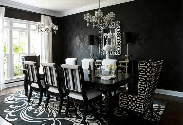 papel de parede padrão preto tapete elegante mobília moderna poltrona lustre