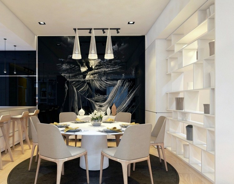 preto na sala de jantar parede de destaque sala de mármore divisória prateleira ideia de móveis brancos