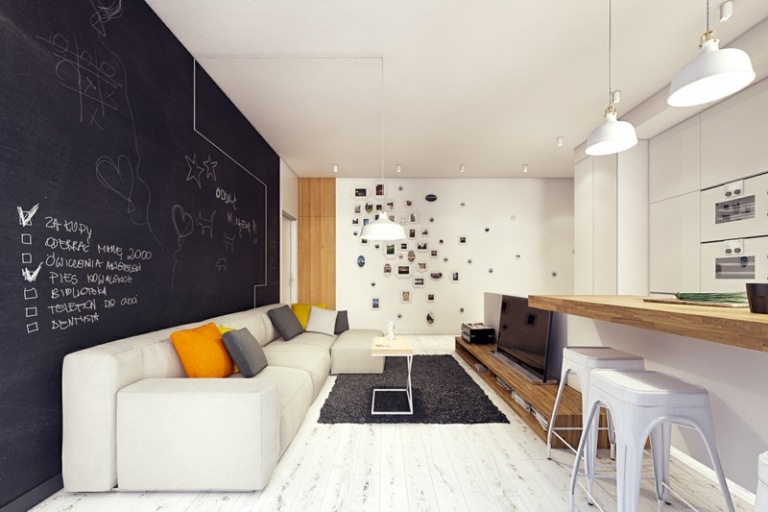 parede cor preta realçada parede sala de estar ideia parquet branco