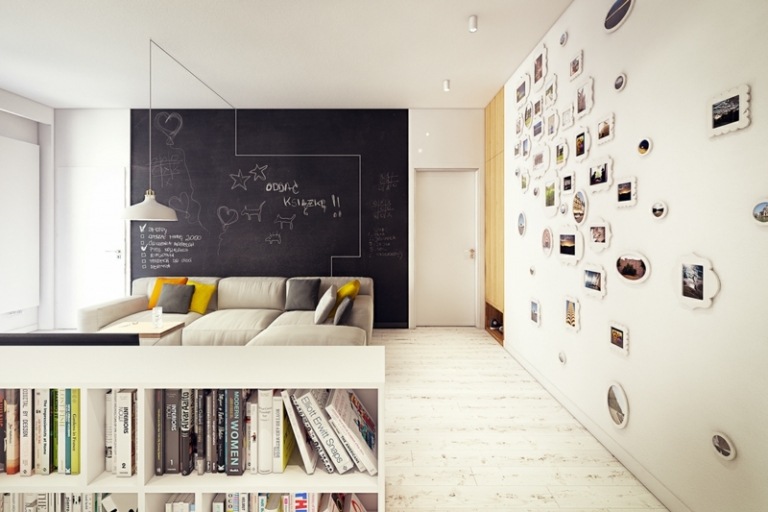 parede cor preta sala de estar design moderno sotaque parede divisória prateleira fotos decoração de parede