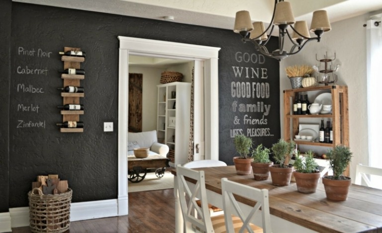 parede preta sala de jantar idea rack de vinhos mesa de jantar mediterrânea