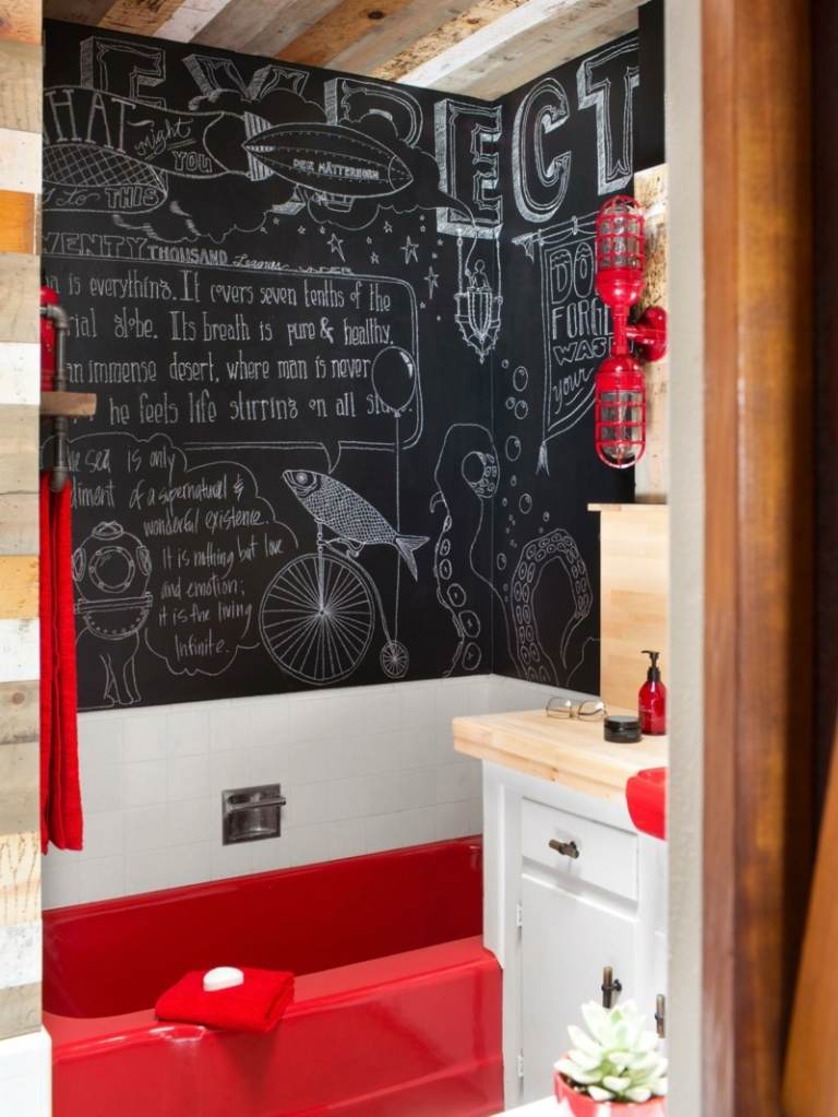 parede cor preta banheiro design banheira vermelho gabinete branco