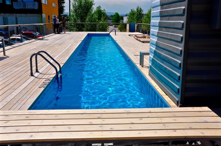 Piscina no jardim - contêiner de mar - piscina - piso de madeira - terraço - moderno