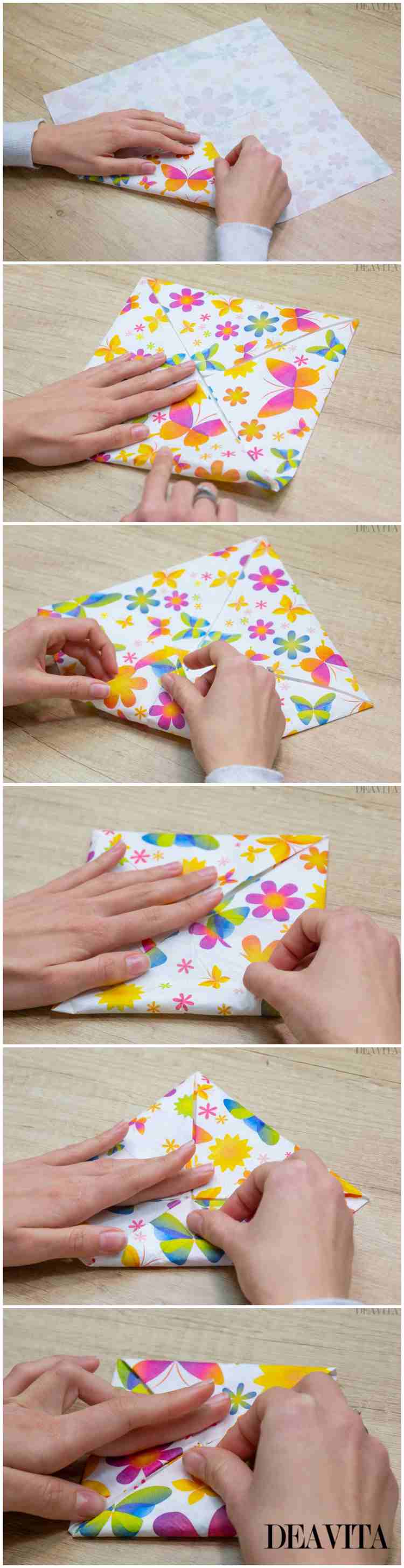 Dobre as cestas de Páscoa de um guardanapo de papel colorido Instruções