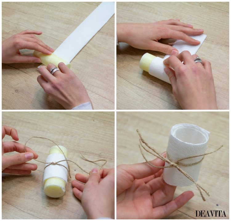 Dobre o guardanapo de papel em um anel e amarre-o com cordão de juta
