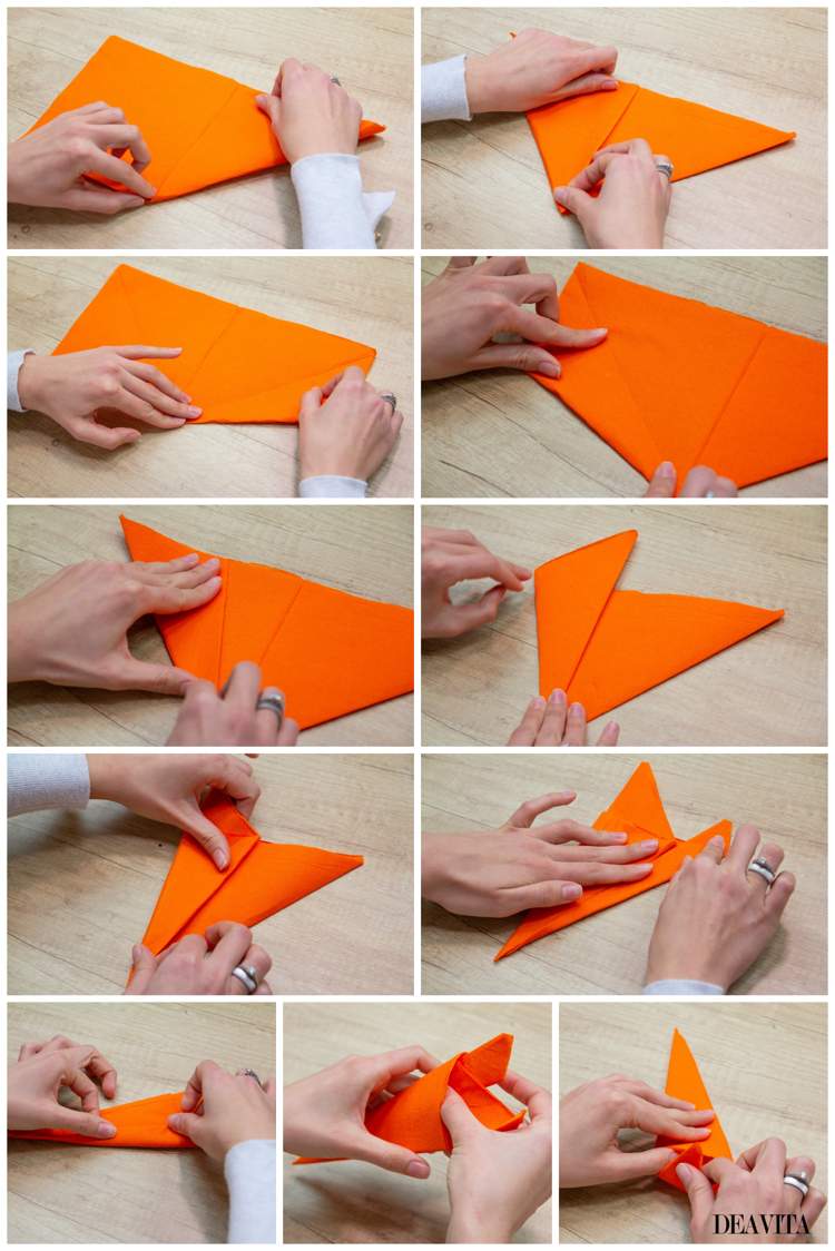 Saco triangular dobrável de um guardanapo Instruções