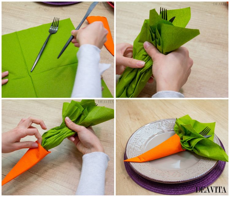 Dobre o guardanapo em uma cenoura e use-o como um bolso de talheres