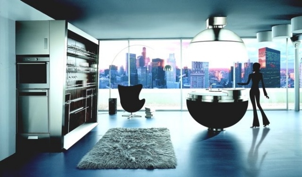 A cozinha da sala de estar integra a solução de design oval Sheer mini