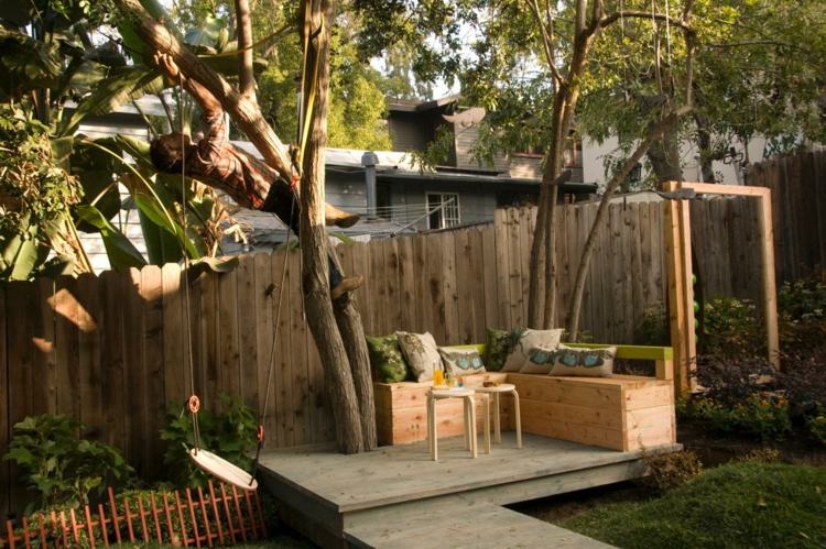 Tela de privacidade-madeira-jardim cerca-área para sentar-design-terraço