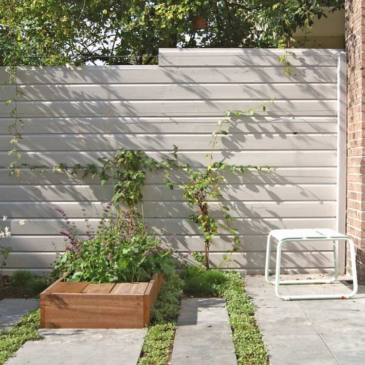 Cerca de privacidade - tipos de madeira de madeira - branco - plantas trepadeiras - lajes de terraço - concreto