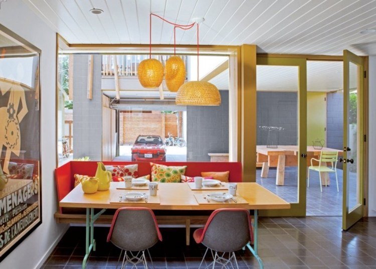 banco-sala-de-jantar-construa-você-cor-terraço-aberto-moderno-luzes suspensas-piso de ladrilhos