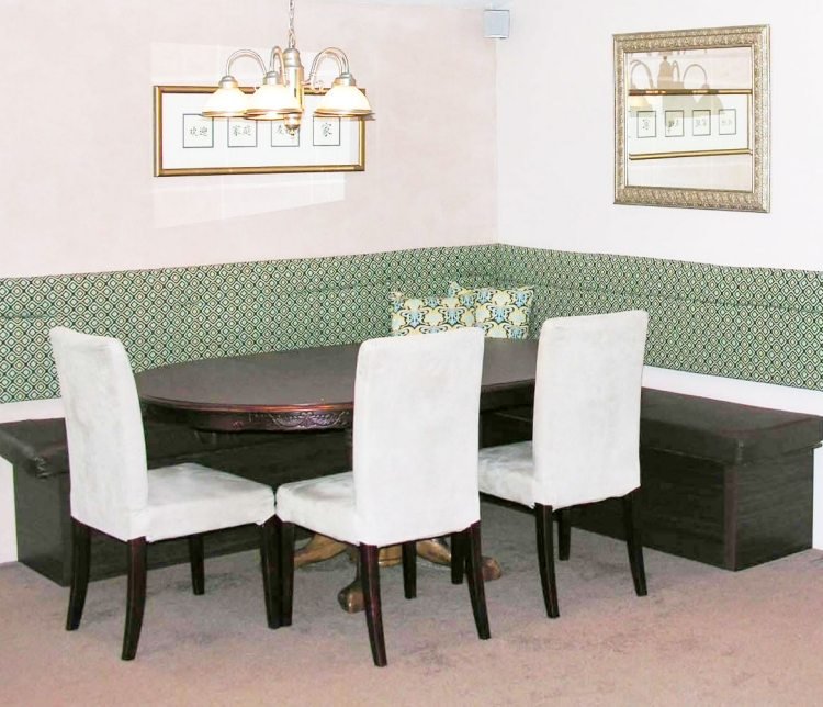 banco-sala-de-jantar-construa-se-elegante-preto-encosto-estofamento-parede-tecido-verde