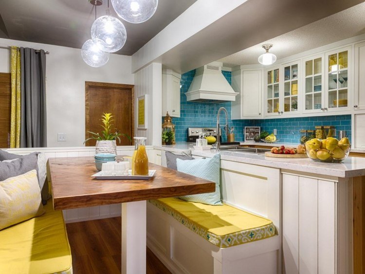 banco-sala-de-jantar-construa-você-cozinha-cozinha-ilha-branco-assento-almofada-amarelo-deco-turquesa