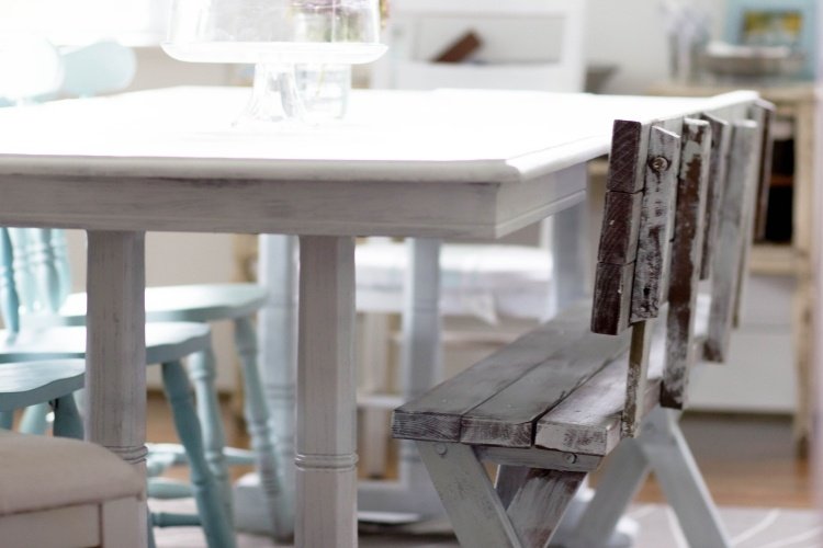 Banco para a sala de jantar - construa você mesmo - vintage - madeira - branco - azul claro