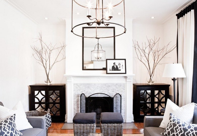 Sala de estar-lareira-moderno-estilo country-rattan-banqueta-estofamento