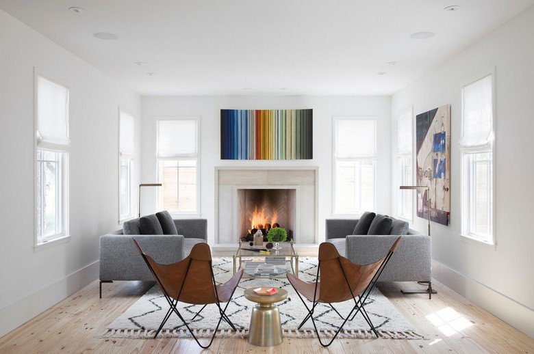 Sala de estar-lareira-estilo escandinavo-decoração-sofá-cinza