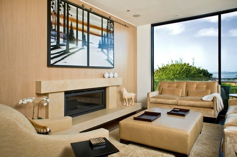 Sala de estar-lareira-ideias-moderna-mobília de couro de cor neutra