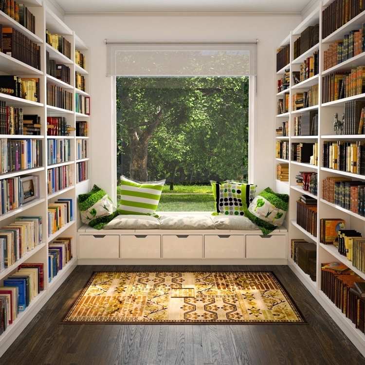 Planeje um assento na janela com espaço de armazenamento e vista para o jardim