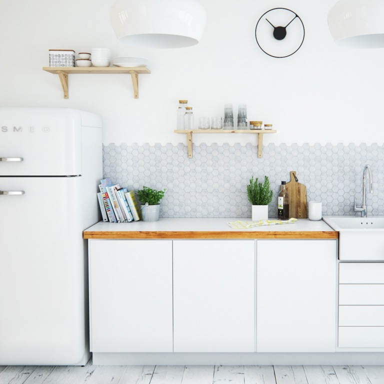 Cozinha estilo escandinavo retro configurar retro geladeira, azulejos de parede, mosaico, tendências de vida