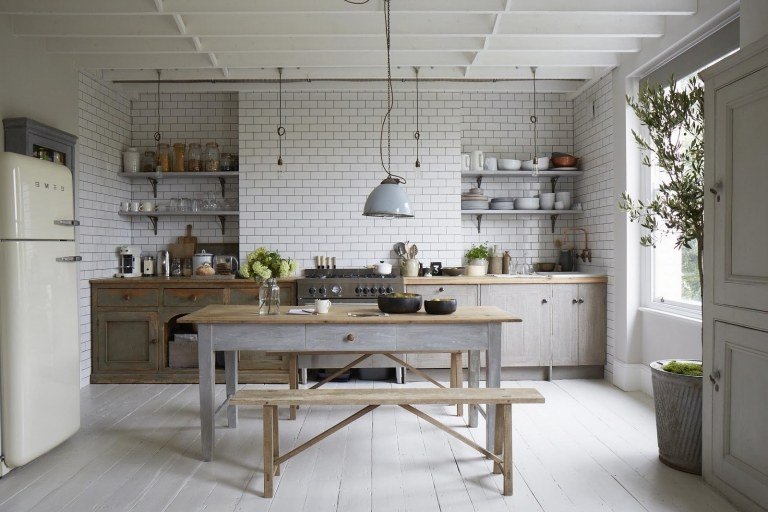 Cozinha rural escandinava mesa de madeira idéias de decoração design de parede de azulejo