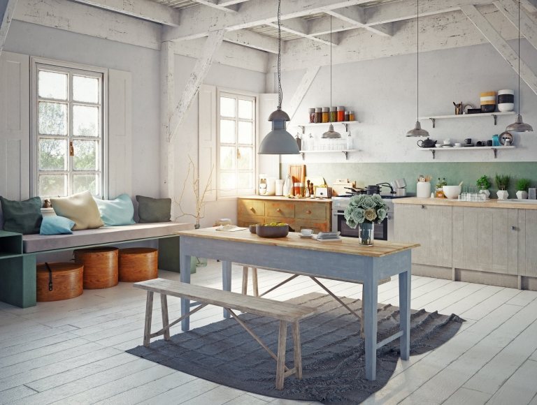 Casa rústica, cozinha com móveis escandinavos, mesa de madeira, móveis rústicos, tendências de vida