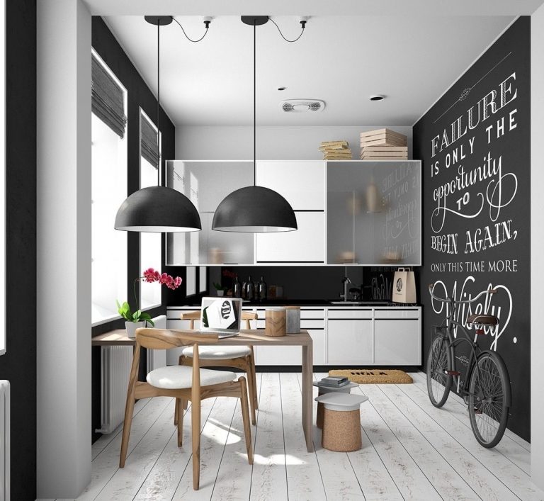 pequena cozinha mobiliário moderno escandinavo mesa de madeira cadeira de madeira cozinha decoração ideias bicicleta