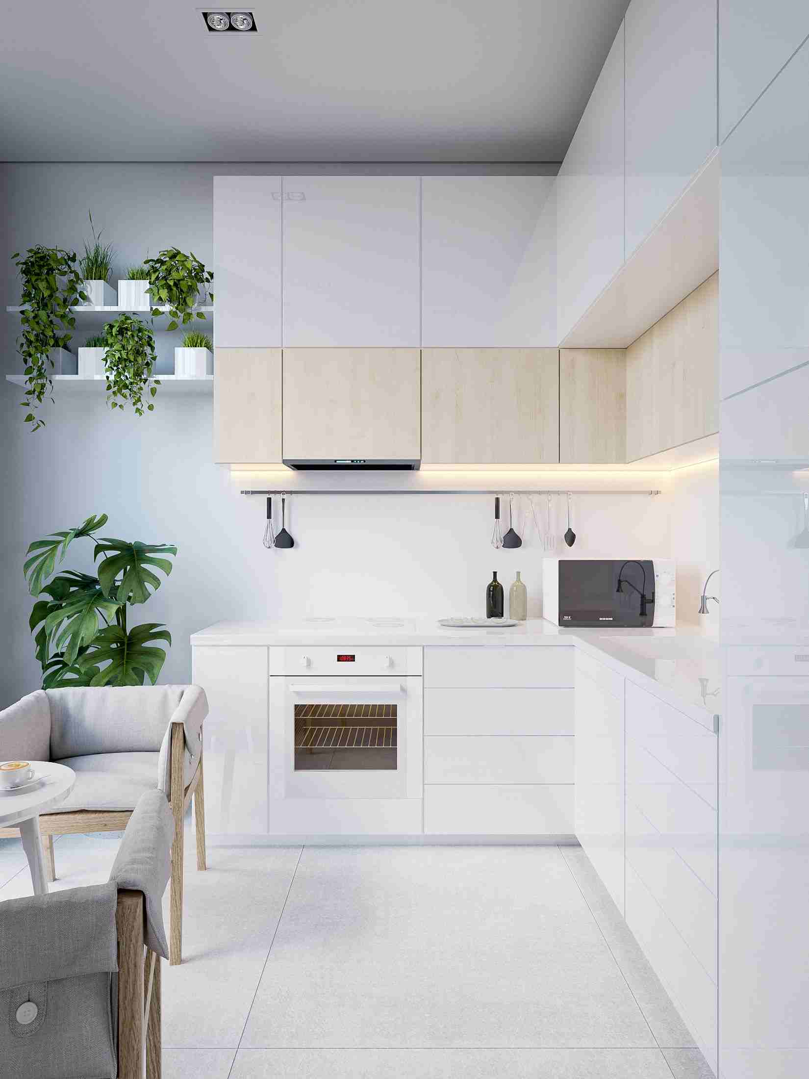 Cozinha escandinava design moderno, móveis, tendências de vida minimalistas