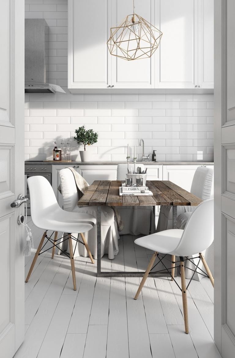 Cozinha escandinava estilo country mesa de madeira com azulejos brancos