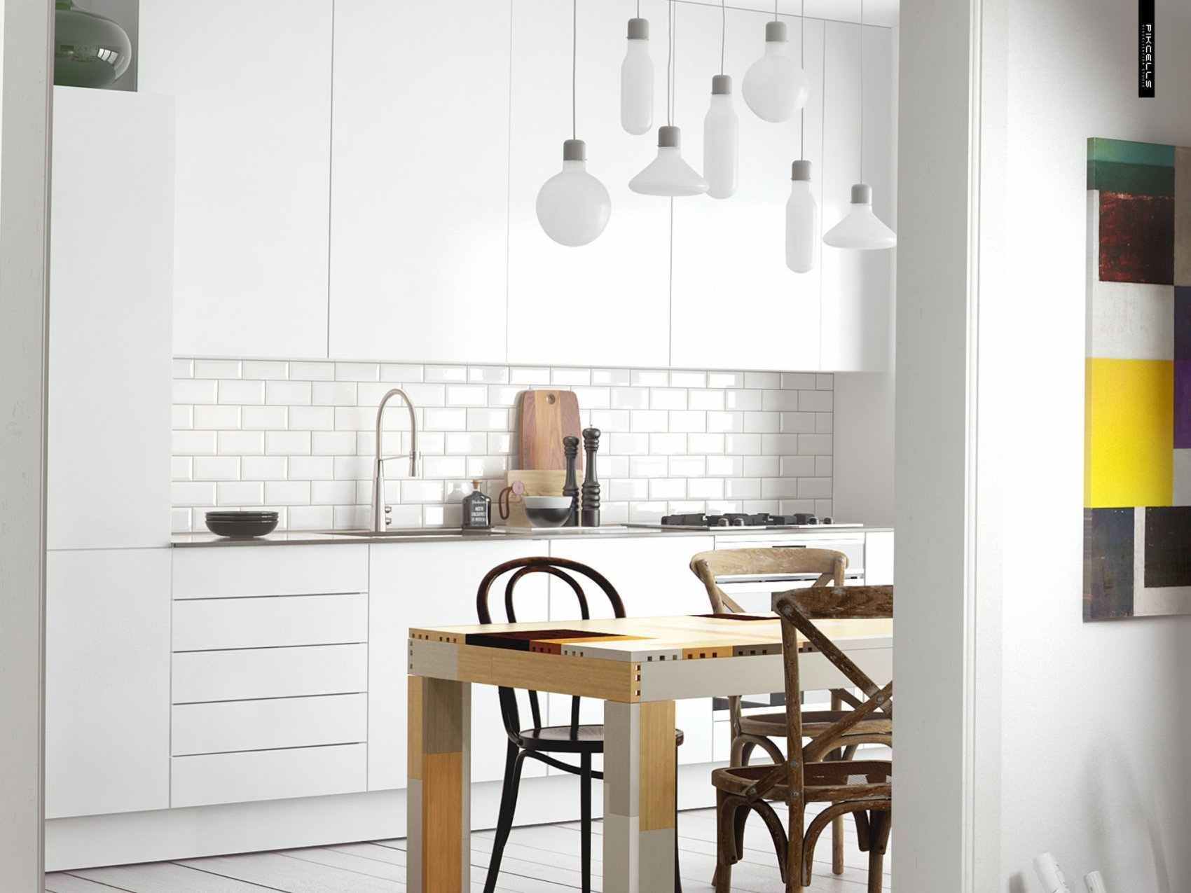 Mesa de madeira de estilo escandinavo de cozinha Holzstuchl idéias de decoração de iluminação de cozinha