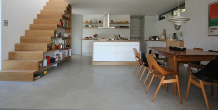 Sala de jantar com cozinha, móveis escandinavos