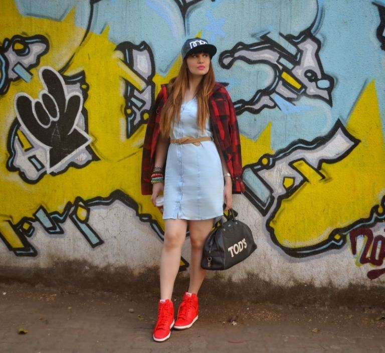 Tênis-Camisa xadrez da moda-Vestido jeans-Nike-Dunk-Sky-Hi