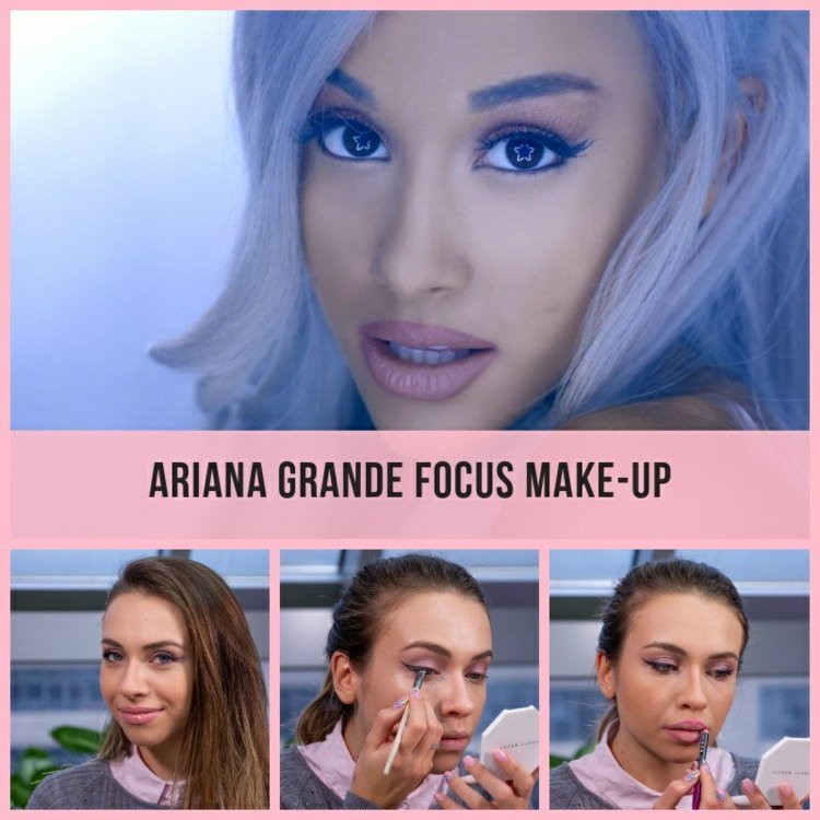 ariana grande focus maquilhagem instruções de maquilhagem rosa púrpura cinzento delineador nude
