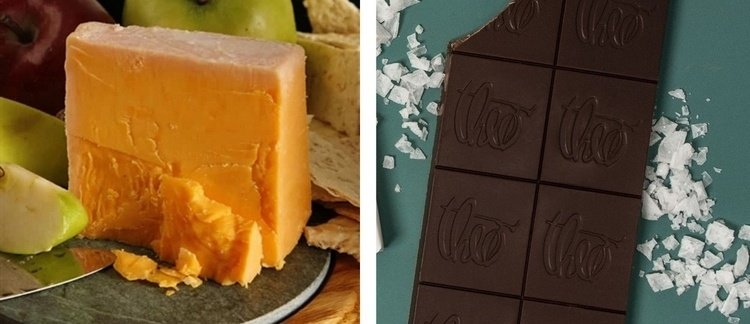 Queijo cheddar maturado por 15 meses + chocolate amargo (70% cacau) com sal marinho