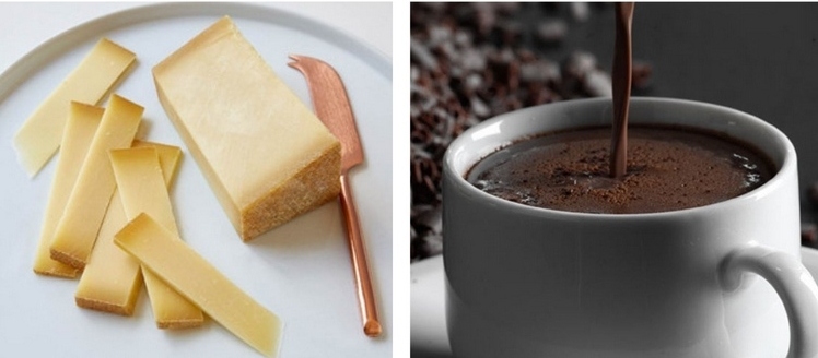 Queijo gruyère e chocolate quente