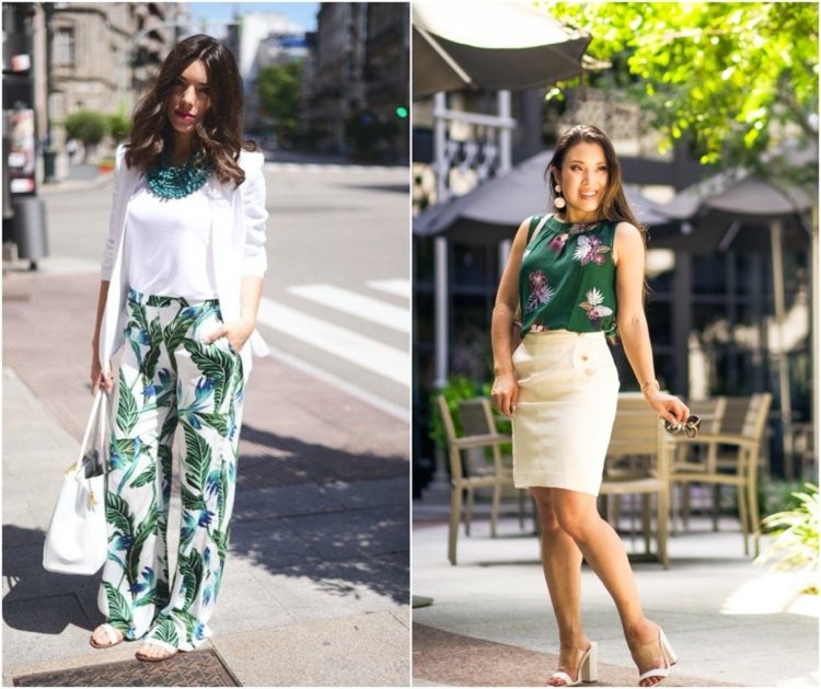 Roupa de verão para o escritório Business look em branco e cru com estampas tropicais como um sotaque