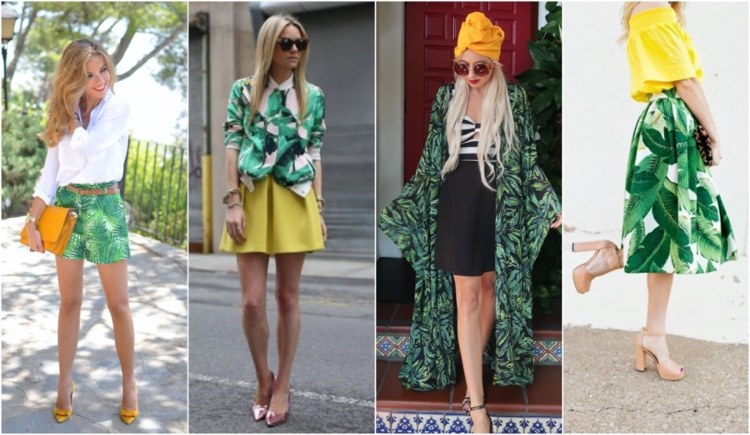 Combine folhas tropicais verdes com amarelo em traje de verão